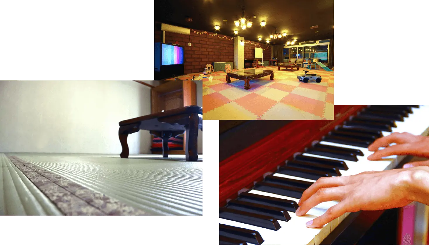 館内施設にあるピアノ おもちゃ満載のパブリックスペース 畳の部屋